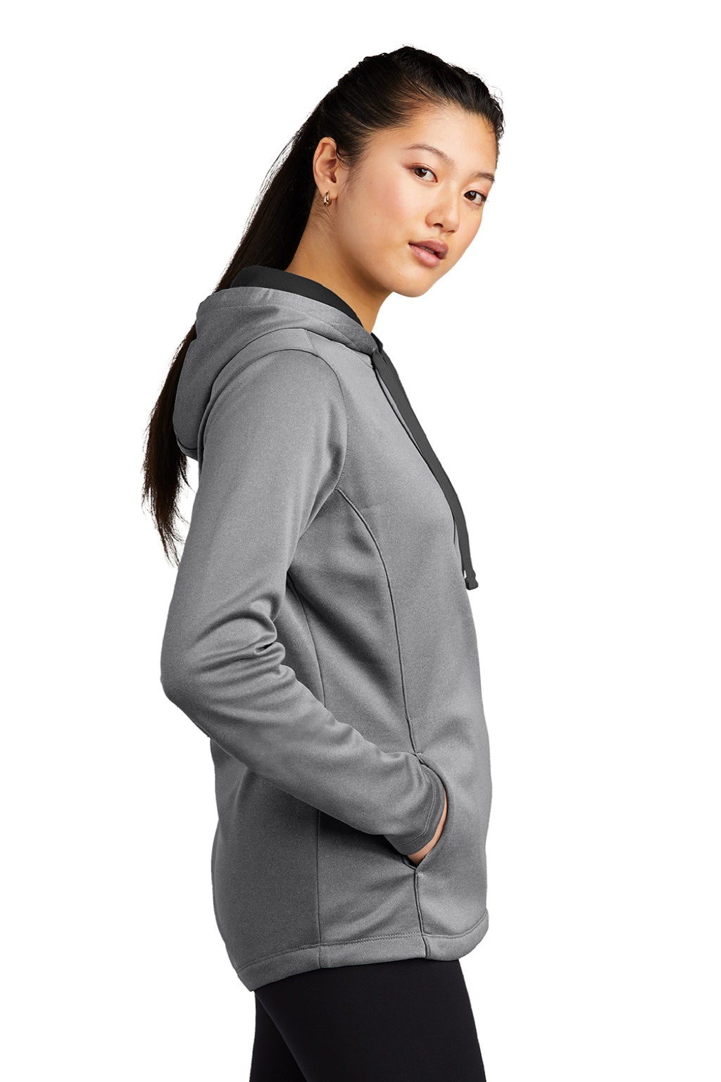 Sport-Tek LST264 Womens Heather Sport-Wick Moisture Wicking Fleece Hooded Sweatshirt Hoodie w/ Pouch Pocket Heather Black Model Side