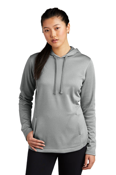 Sport-Tek LST264 Womens Heather Sport-Wick Moisture Wicking Fleece Hooded Sweatshirt Hoodie w/ Pouch Pocket Heather Dark Silver Grey Model Front
