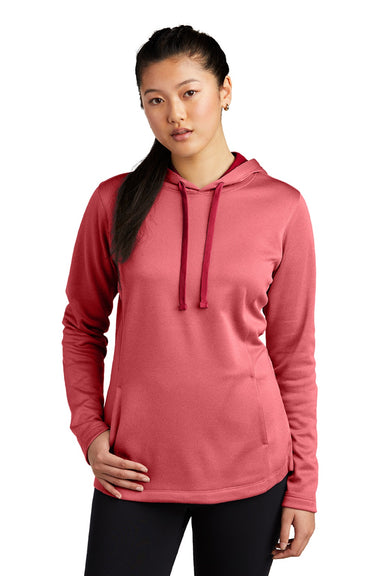 Sport-Tek LST264 Womens Heather Sport-Wick Moisture Wicking Fleece Hooded Sweatshirt Hoodie w/ Pouch Pocket Heather Deep Red Model Front
