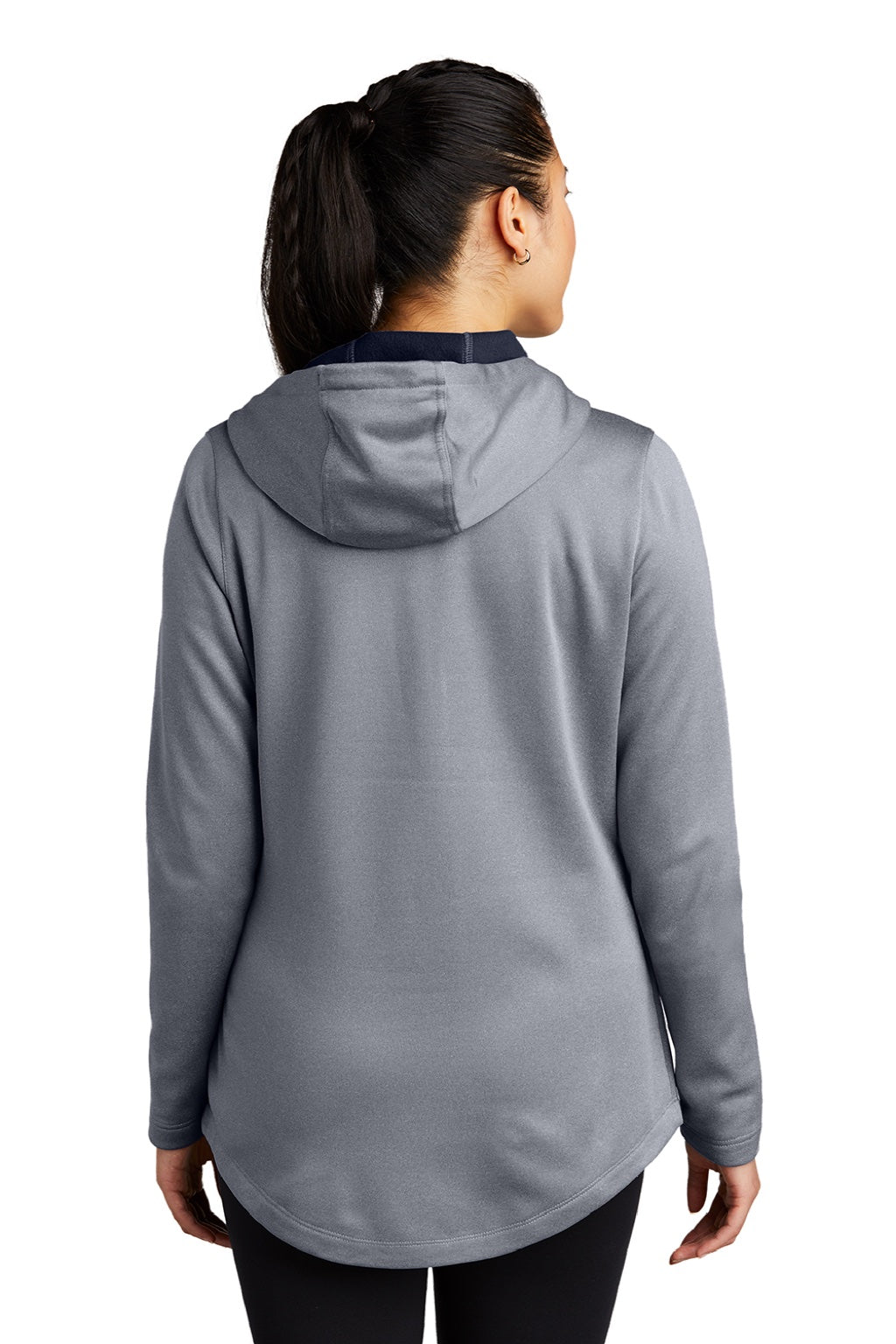 Sport-Tek LST264 Womens Heather Sport-Wick Moisture Wicking Fleece Hooded Sweatshirt Hoodie w/ Pouch Pocket Heather True Navy Blue Model Back