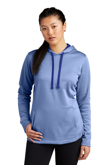 Sport-Tek LST264 Womens Heather Sport-Wick Moisture Wicking Fleece Hooded Sweatshirt Hoodie w/ Pouch Pocket Heather True Royal Blue Model Front