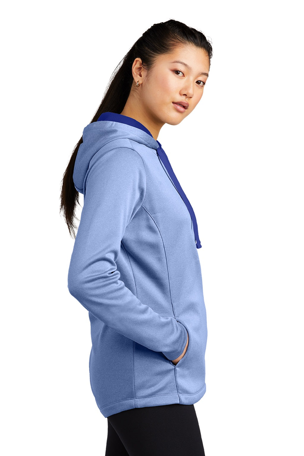 Sport-Tek LST264 Womens Heather Sport-Wick Moisture Wicking Fleece Hooded Sweatshirt Hoodie w/ Pouch Pocket Heather True Royal Blue Model Side
