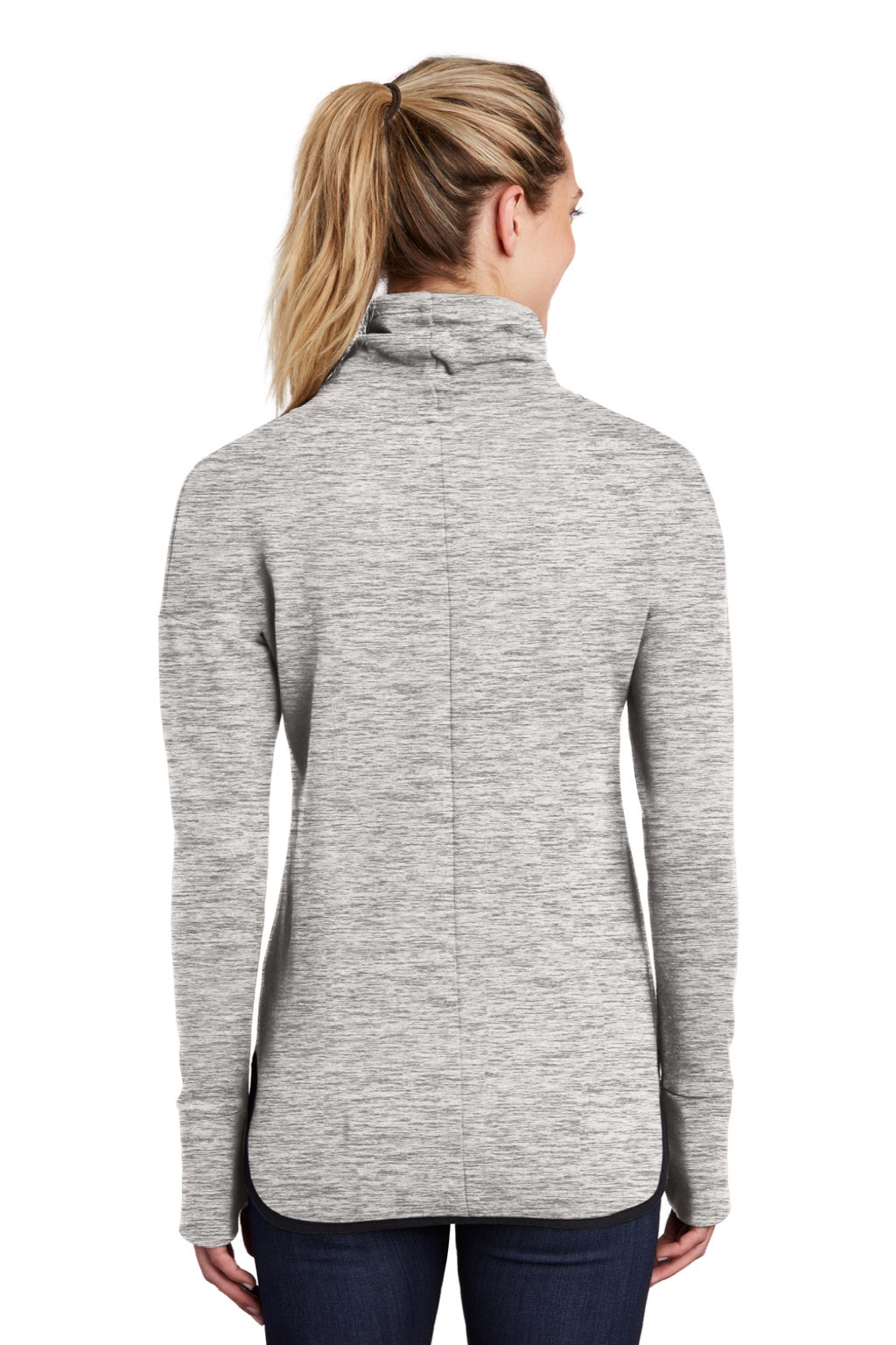 Sport-Tek LST280 Womens Triumph Fleece Cowl Neck Sweatshirt w/ Pocket Heather Grey Model Back