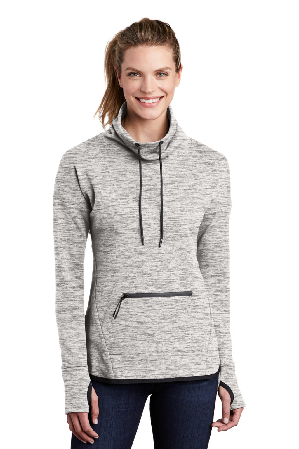 Sport-Tek LST280 Womens Triumph Fleece Cowl Neck Sweatshirt w/ Pocket Heather Grey Model Front