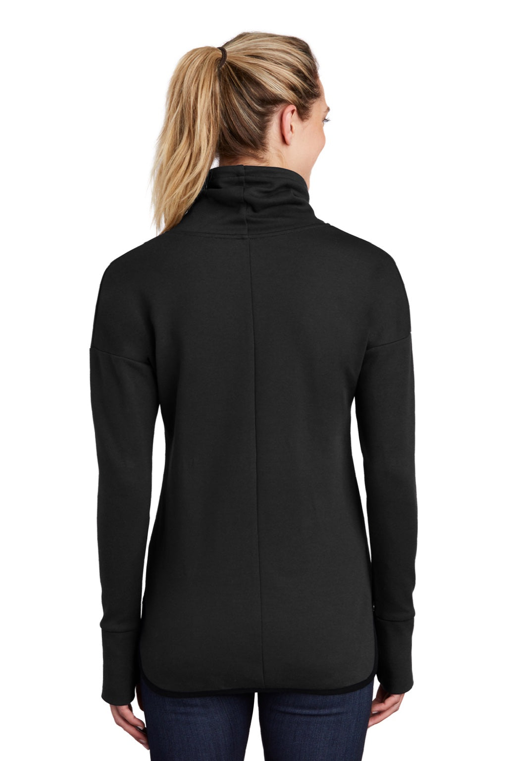 Sport-Tek LST280 Womens Triumph Fleece Cowl Neck Sweatshirt w/ Pocket Black Model Back