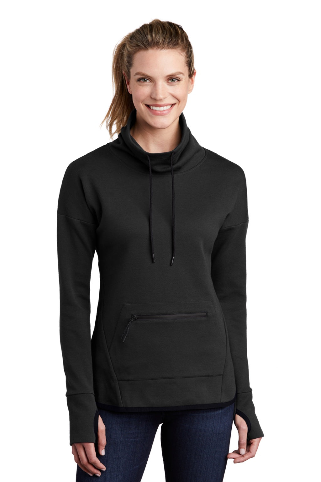 Sport-Tek LST280 Womens Triumph Fleece Cowl Neck Sweatshirt w/ Pocket Black Model Front