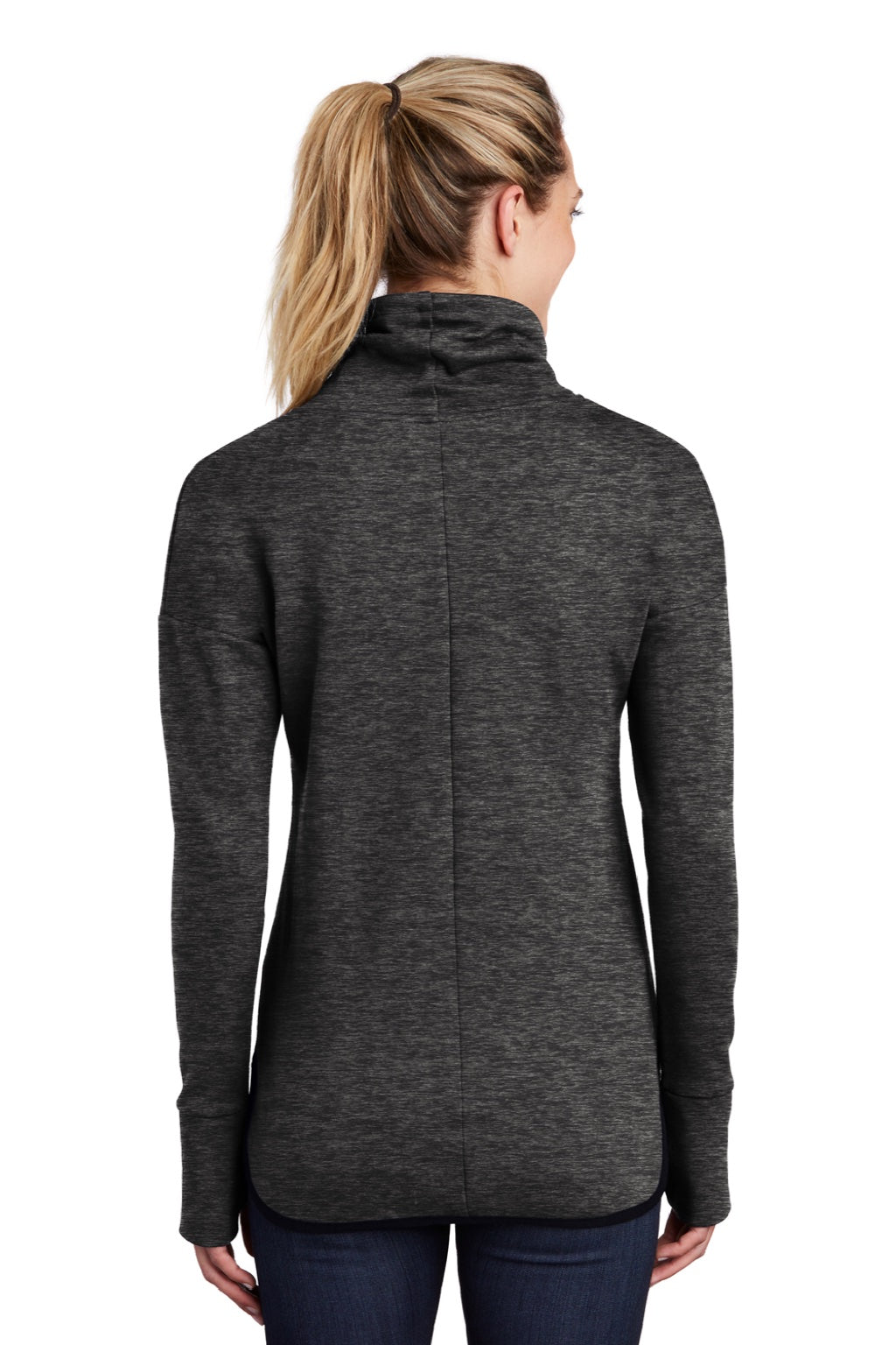 Sport-Tek LST280 Womens Triumph Fleece Cowl Neck Sweatshirt w/ Pocket Heather Black Model Back