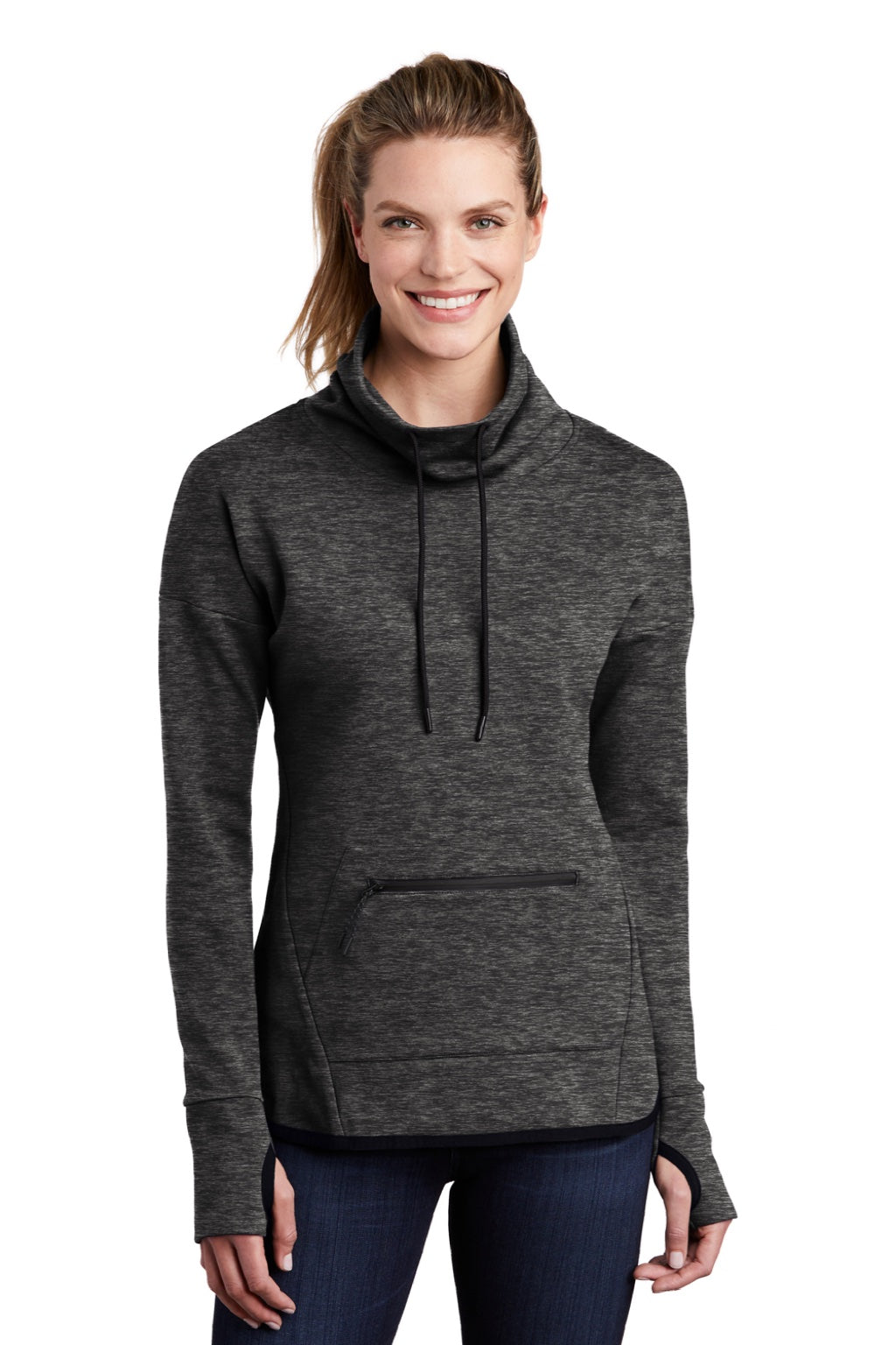 Sport-Tek LST280 Womens Triumph Fleece Cowl Neck Sweatshirt w/ Pocket Heather Black Model Front