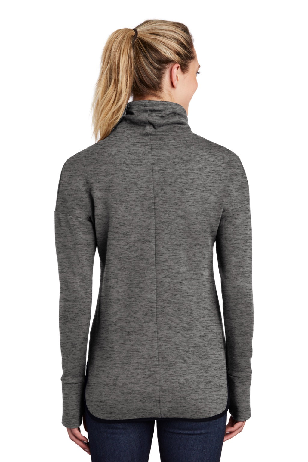 Sport-Tek LST280 Womens Triumph Fleece Cowl Neck Sweatshirt w/ Pocket Heather Dark Grey Model Back