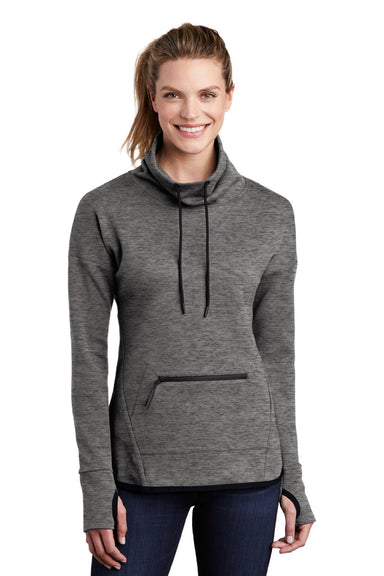 Sport-Tek LST280 Womens Triumph Fleece Cowl Neck Sweatshirt w/ Pocket Heather Dark Grey Model Front