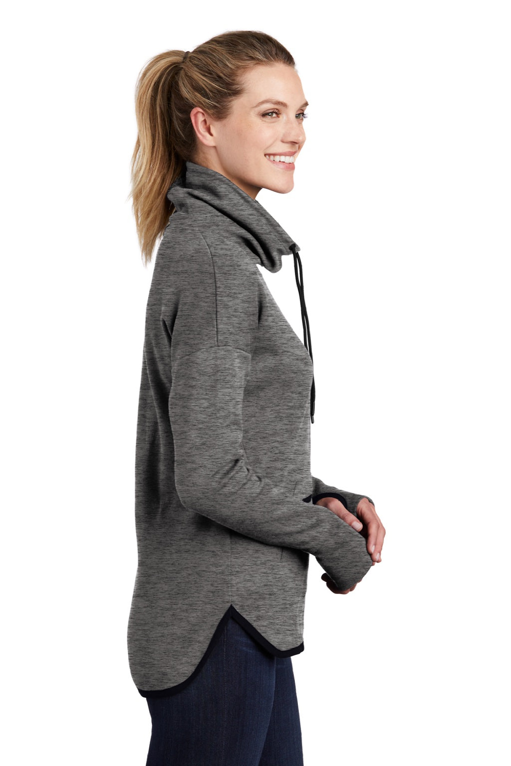 Sport-Tek LST280 Womens Triumph Fleece Cowl Neck Sweatshirt w/ Pocket Heather Dark Grey Model Side