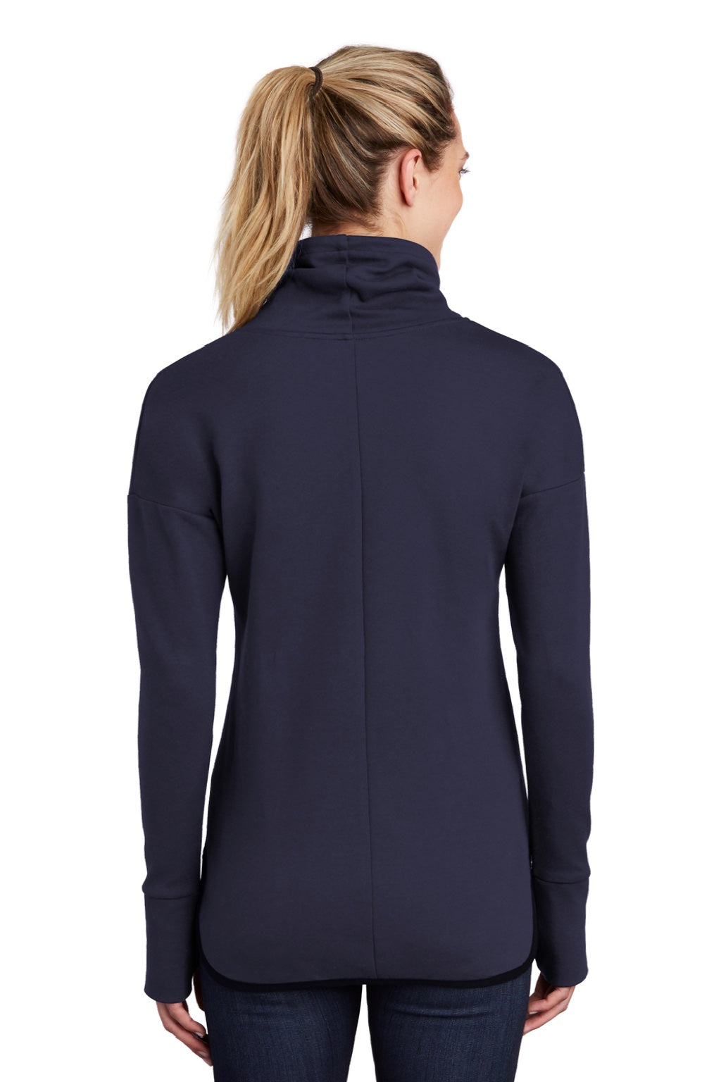 Sport-Tek LST280 Womens Triumph Fleece Cowl Neck Sweatshirt w/ Pocket Navy Blue Model Back