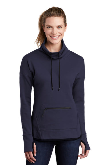 Sport-Tek LST280 Womens Triumph Fleece Cowl Neck Sweatshirt w/ Pocket Navy Blue Model Front