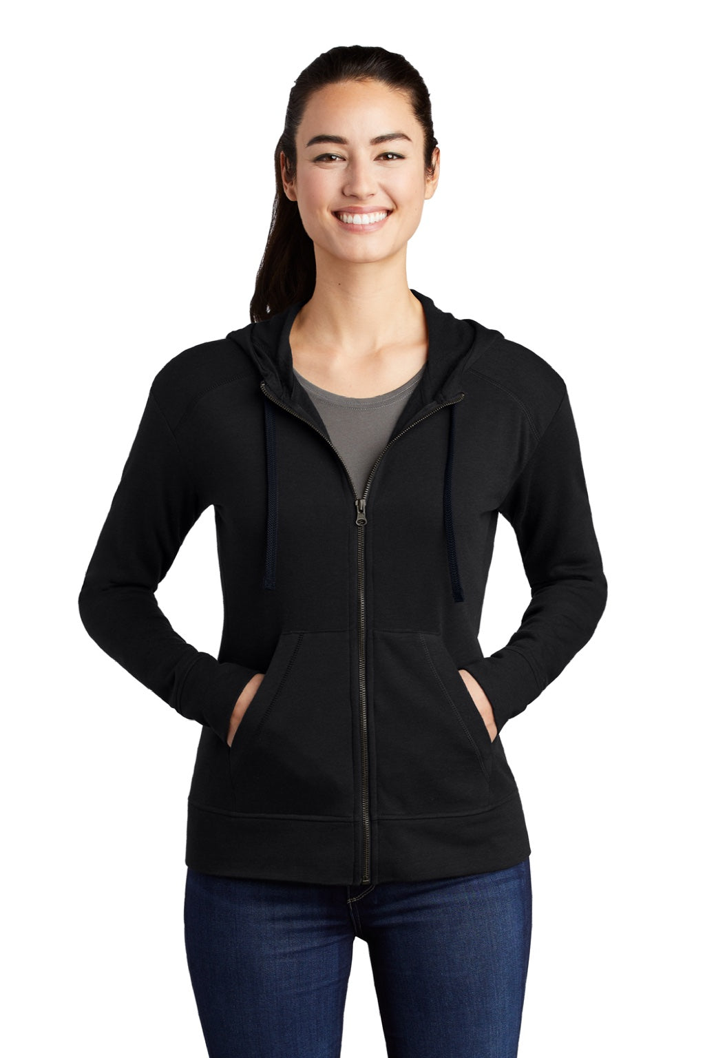 Sport-Tek LST293 Womens Moisture Wicking Fleece Full Zip Hooded Sweatshirt Hoodie w/ Pockets Black Model Front