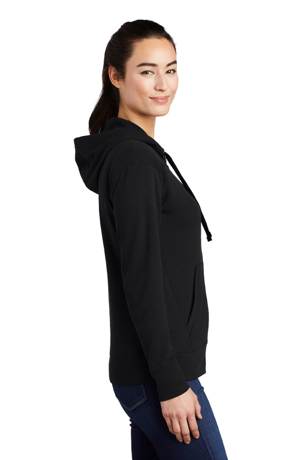 Sport-Tek LST293 Womens Moisture Wicking Fleece Full Zip Hooded Sweatshirt Hoodie w/ Pockets Black Model Side
