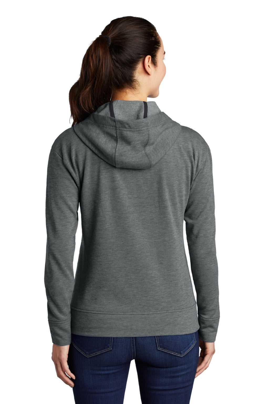 Sport-Tek LST293 Womens Moisture Wicking Fleece Full Zip Hooded Sweatshirt Hoodie w/ Pockets Heather Dark Grey Model Back