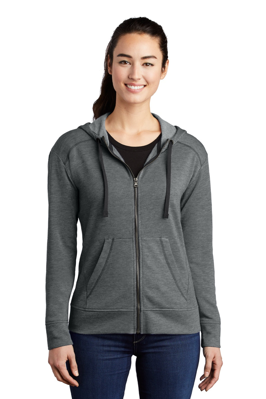 Sport-Tek LST293 Womens Moisture Wicking Fleece Full Zip Hooded Sweatshirt Hoodie w/ Pockets Heather Dark Grey Model Front