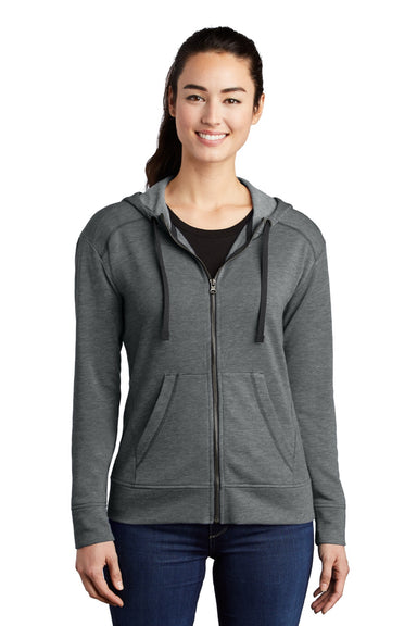 Sport-Tek LST293 Womens Moisture Wicking Fleece Full Zip Hooded Sweatshirt Hoodie w/ Pockets Heather Dark Grey Model Front