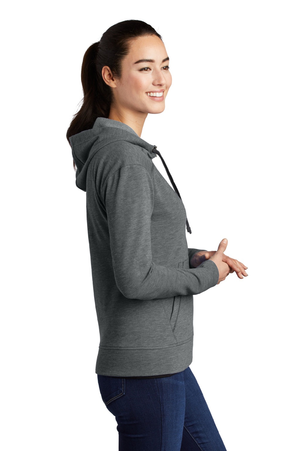 Sport-Tek LST293 Womens Moisture Wicking Fleece Full Zip Hooded Sweatshirt Hoodie w/ Pockets Heather Dark Grey Model Side