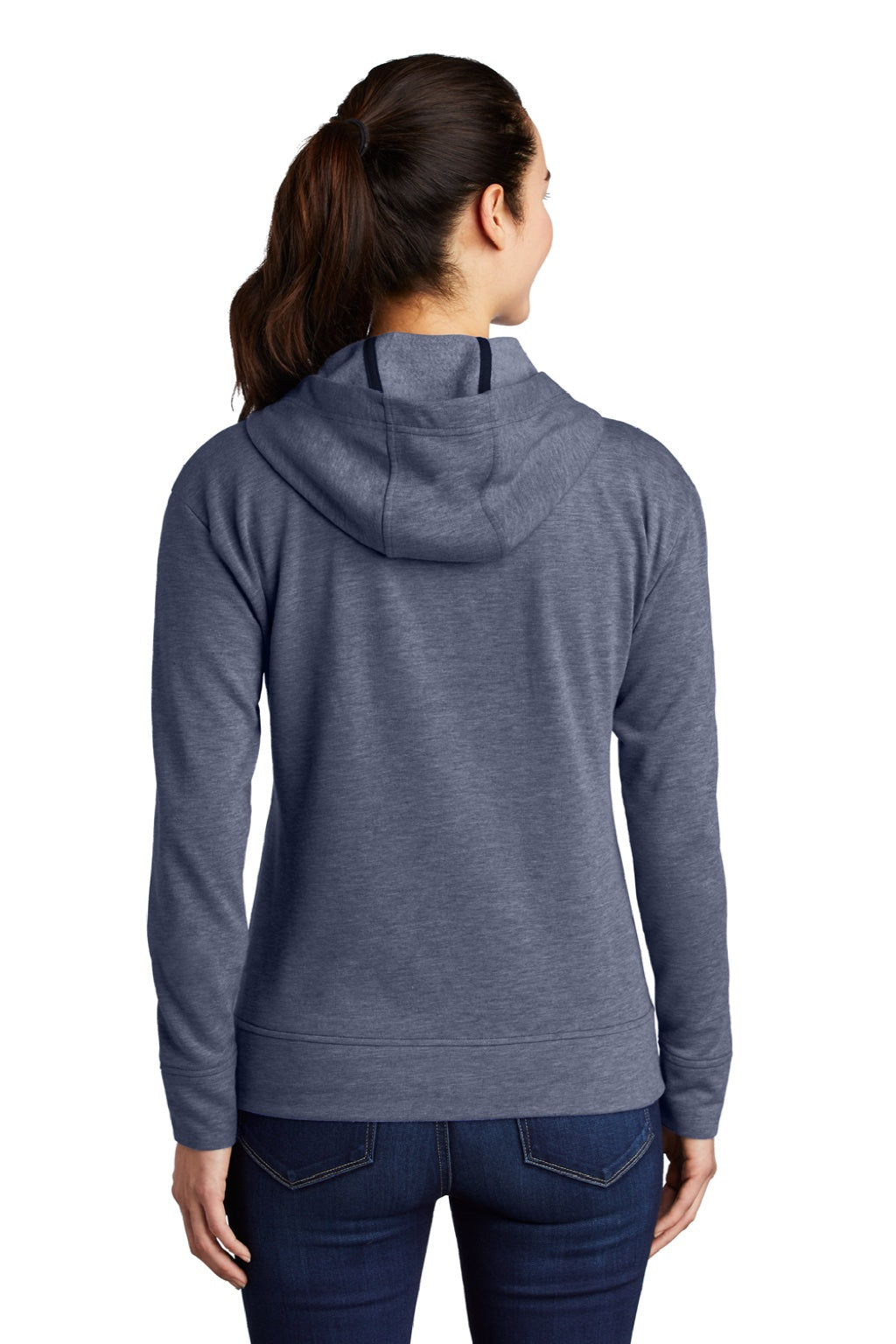 Sport-Tek LST293 Womens Moisture Wicking Fleece Full Zip Hooded Sweatshirt Hoodie w/ Pockets Heather True Navy Blue Model Back