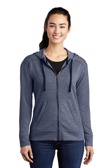 Sport-Tek LST293 Womens Moisture Wicking Fleece Full Zip Hooded Sweatshirt Hoodie w/ Pockets Heather True Navy Blue Model Front