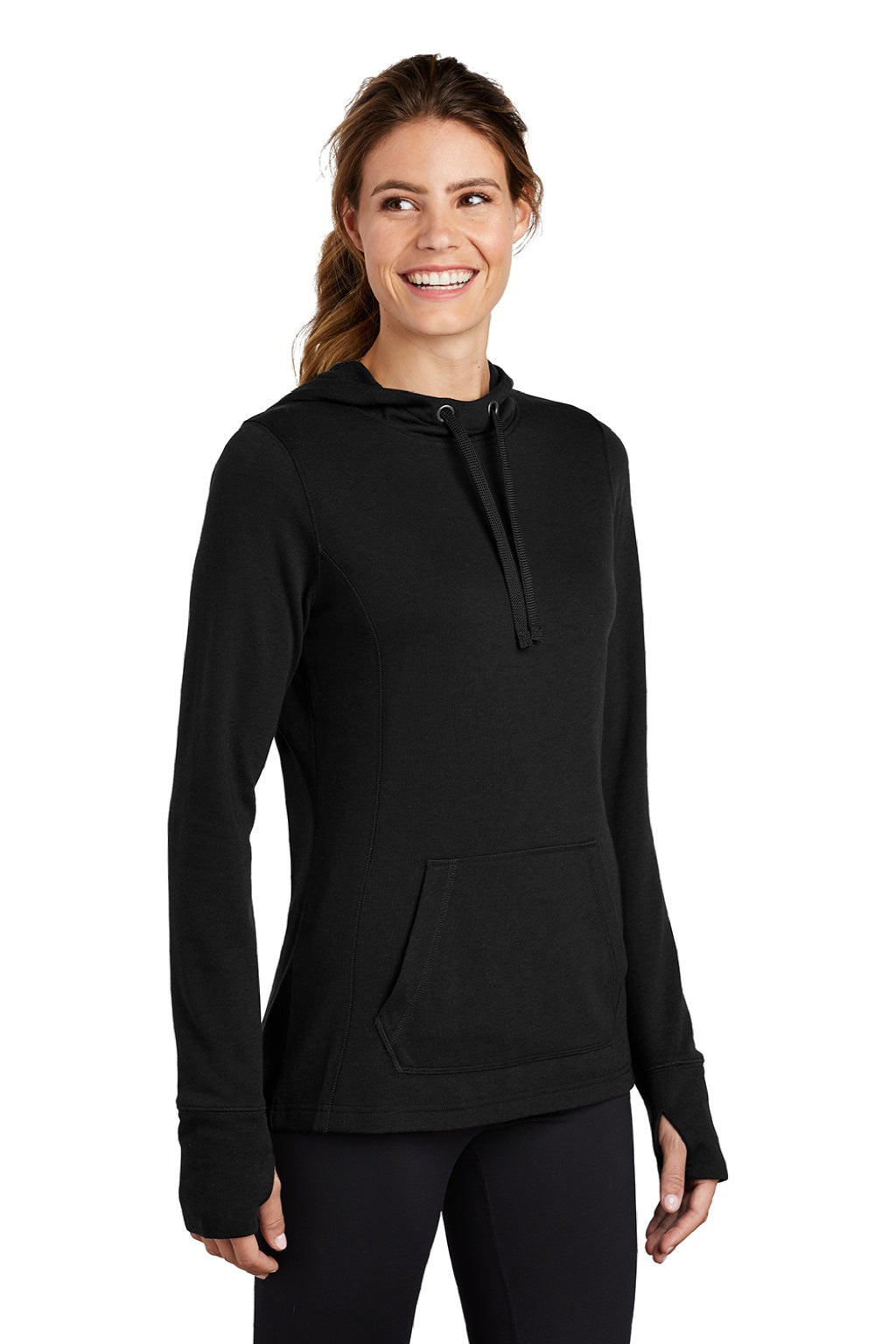 Sport-Tek LST296 Womens Moisture Wicking Fleece Hooded Sweatshirt Hoodie w/ Pouch Pocket Black Model 3q