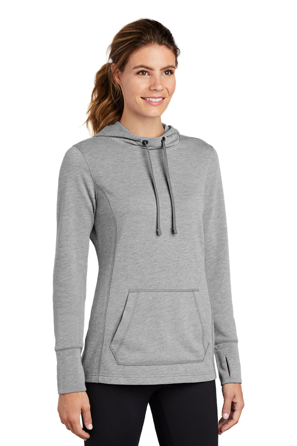 Sport-Tek LST296 Womens Moisture Wicking Fleece Hooded Sweatshirt Hoodie w/ Pouch Pocket Heather Light Grey Model 3q