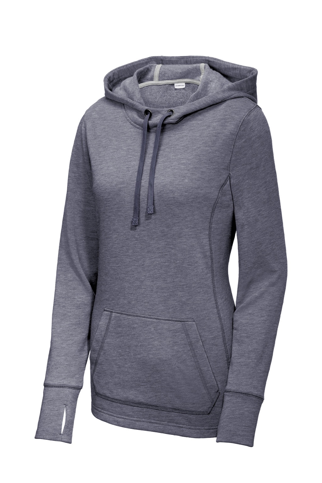 Sport-Tek LST296 Womens Moisture Wicking Fleece Hooded Sweatshirt Hoodie w/ Pouch Pocket Heather True Navy Blue Flat Front