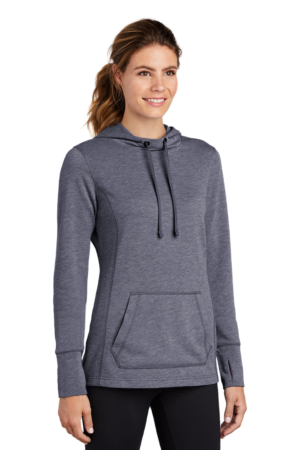 Sport-Tek LST296 Womens Moisture Wicking Fleece Hooded Sweatshirt Hoodie w/ Pouch Pocket Heather True Navy Blue Model 3q