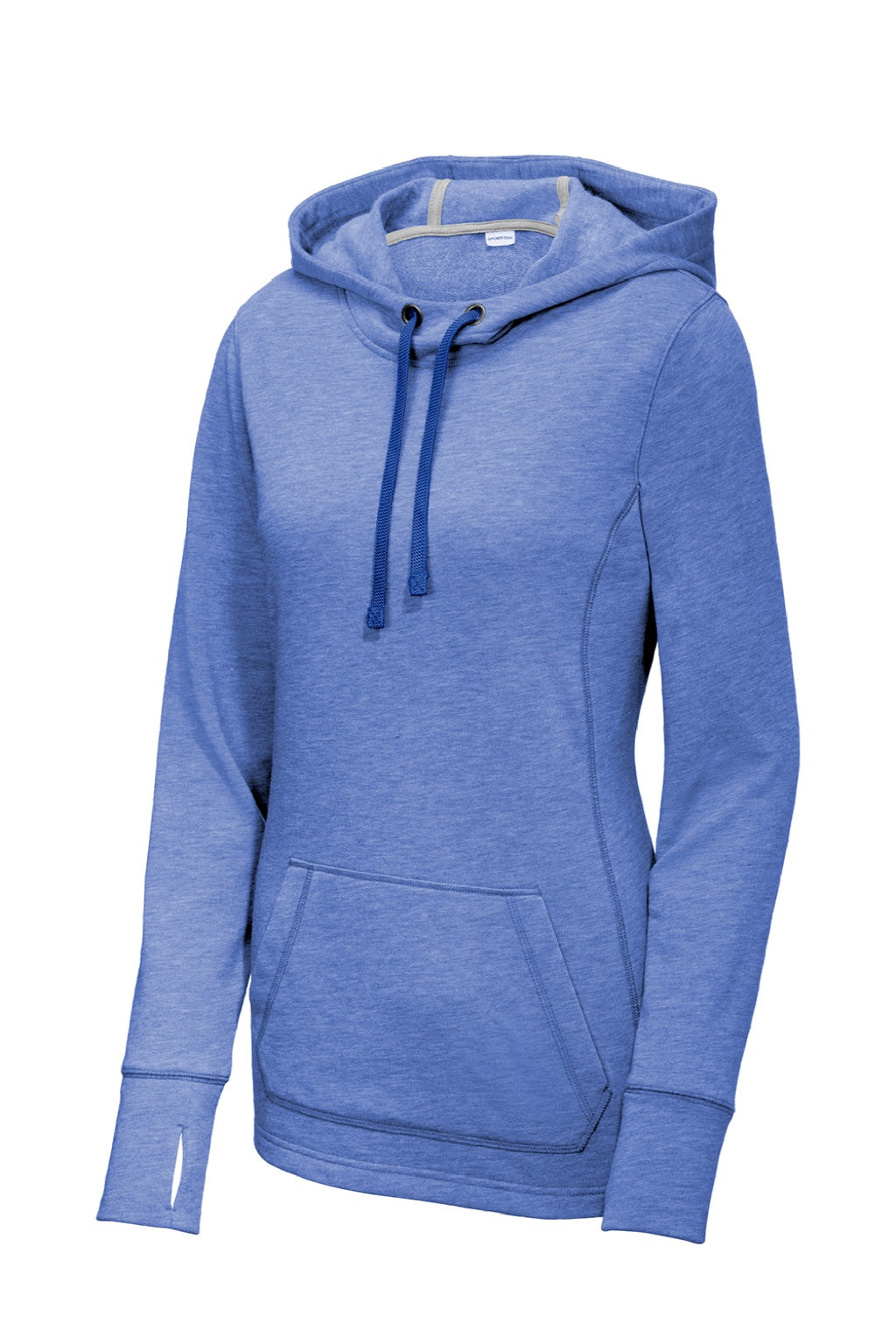 Sport-Tek LST296 Womens Moisture Wicking Fleece Hooded Sweatshirt Hoodie w/ Pouch Pocket Heather True Royal Blue Flat Front