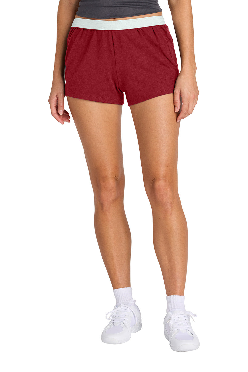 Sport-Tek LST311 Womens Jersey Knit Squad Shorts Deep Red Model Front