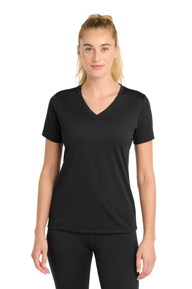 Sport-Tek LST340 Womens RacerMesh Moisture Wicking Short Sleeve V-Neck T-Shirt Black Model Front