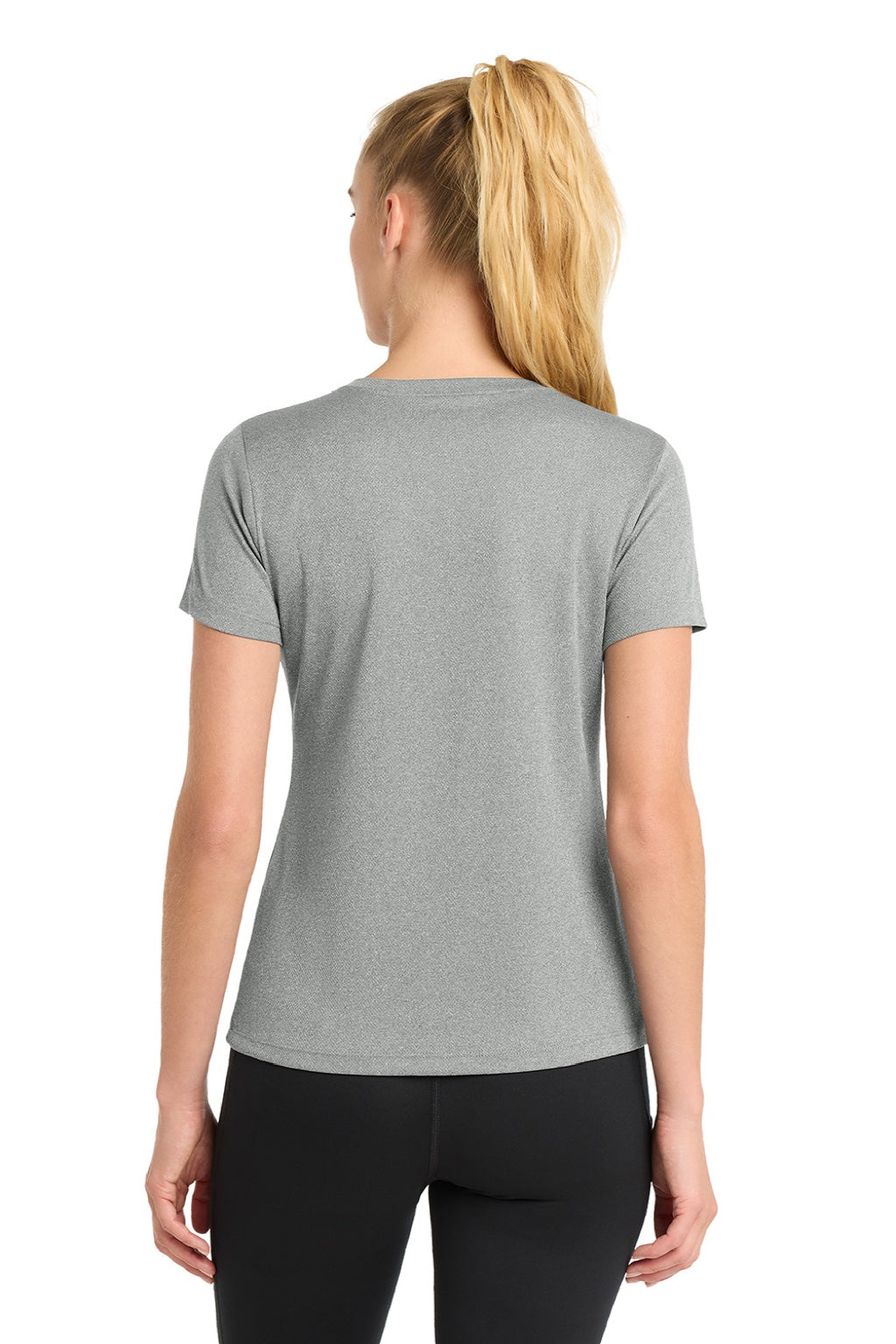 Sport-Tek LST340 Womens RacerMesh Moisture Wicking Short Sleeve V-Neck T-Shirt Heather Grey Model Back