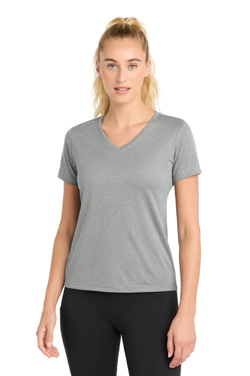Sport-Tek LST340 Womens RacerMesh Moisture Wicking Short Sleeve V-Neck T-Shirt Heather Grey Model Front