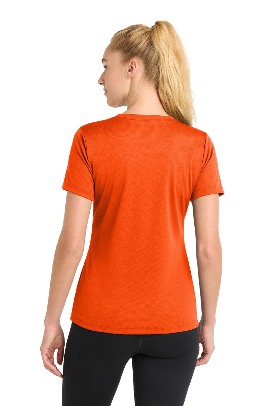 Sport-Tek LST340 Womens RacerMesh Moisture Wicking Short Sleeve V-Neck T-Shirt Neon Orange Model Back