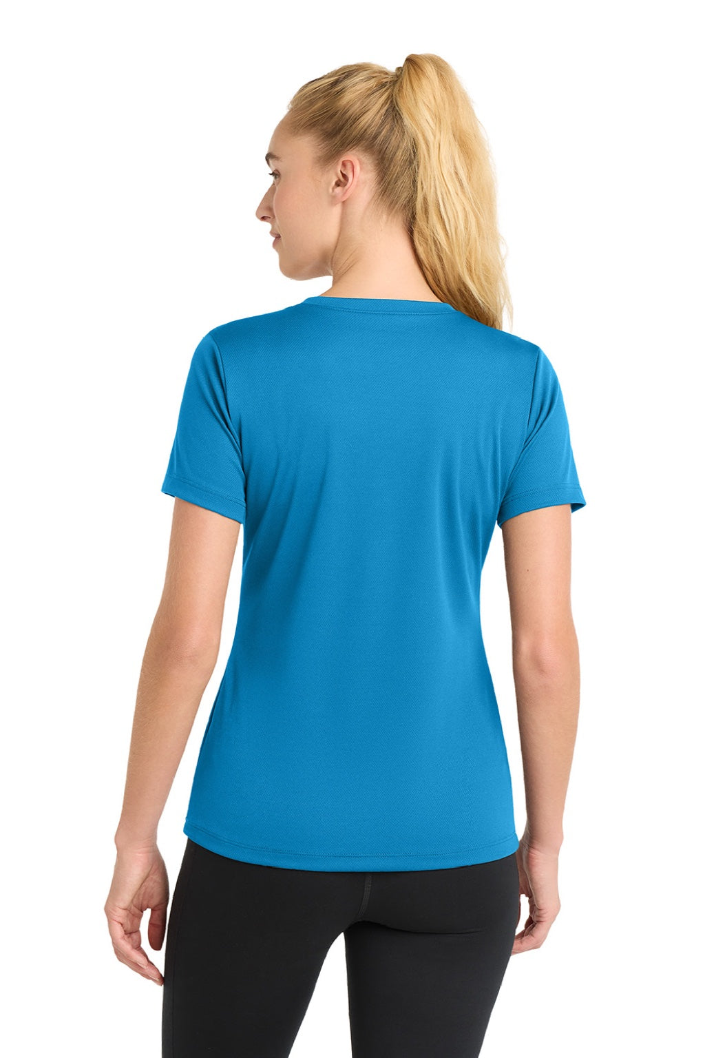 Sport-Tek LST340 Womens RacerMesh Moisture Wicking Short Sleeve V-Neck T-Shirt Pond Blue Model Back