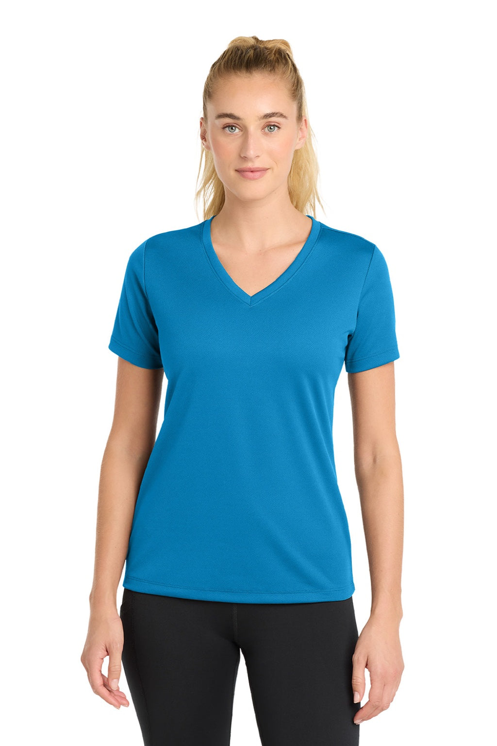Sport-Tek LST340 Womens RacerMesh Moisture Wicking Short Sleeve V-Neck T-Shirt Pond Blue Model Front