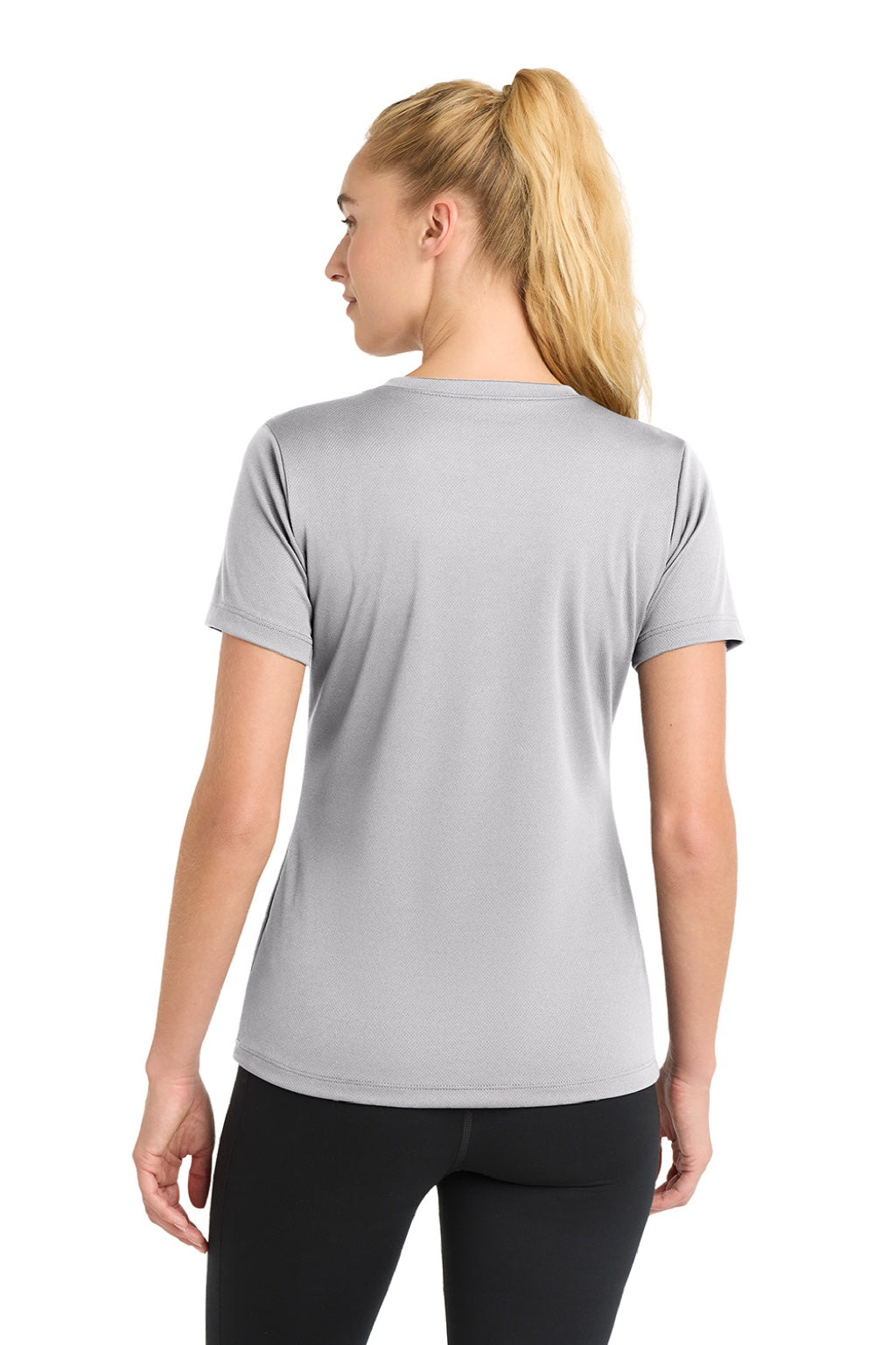 Sport-Tek LST340 Womens RacerMesh Moisture Wicking Short Sleeve V-Neck T-Shirt Silver Grey Model Back