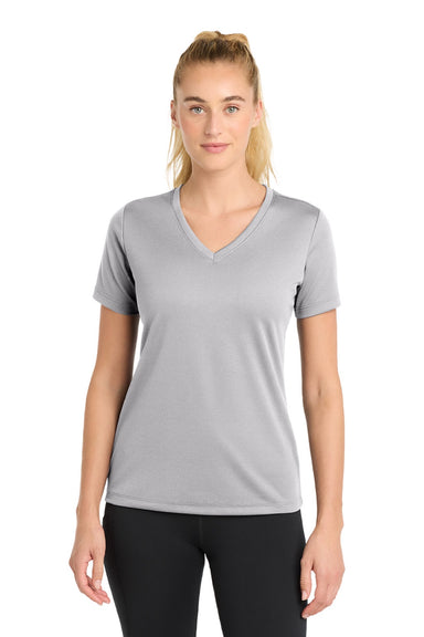 Sport-Tek LST340 Womens RacerMesh Moisture Wicking Short Sleeve V-Neck T-Shirt Silver Grey Model Front
