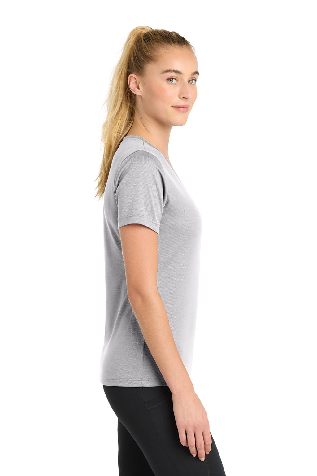 Sport-Tek LST340 Womens RacerMesh Moisture Wicking Short Sleeve V-Neck T-Shirt Silver Grey Model Side
