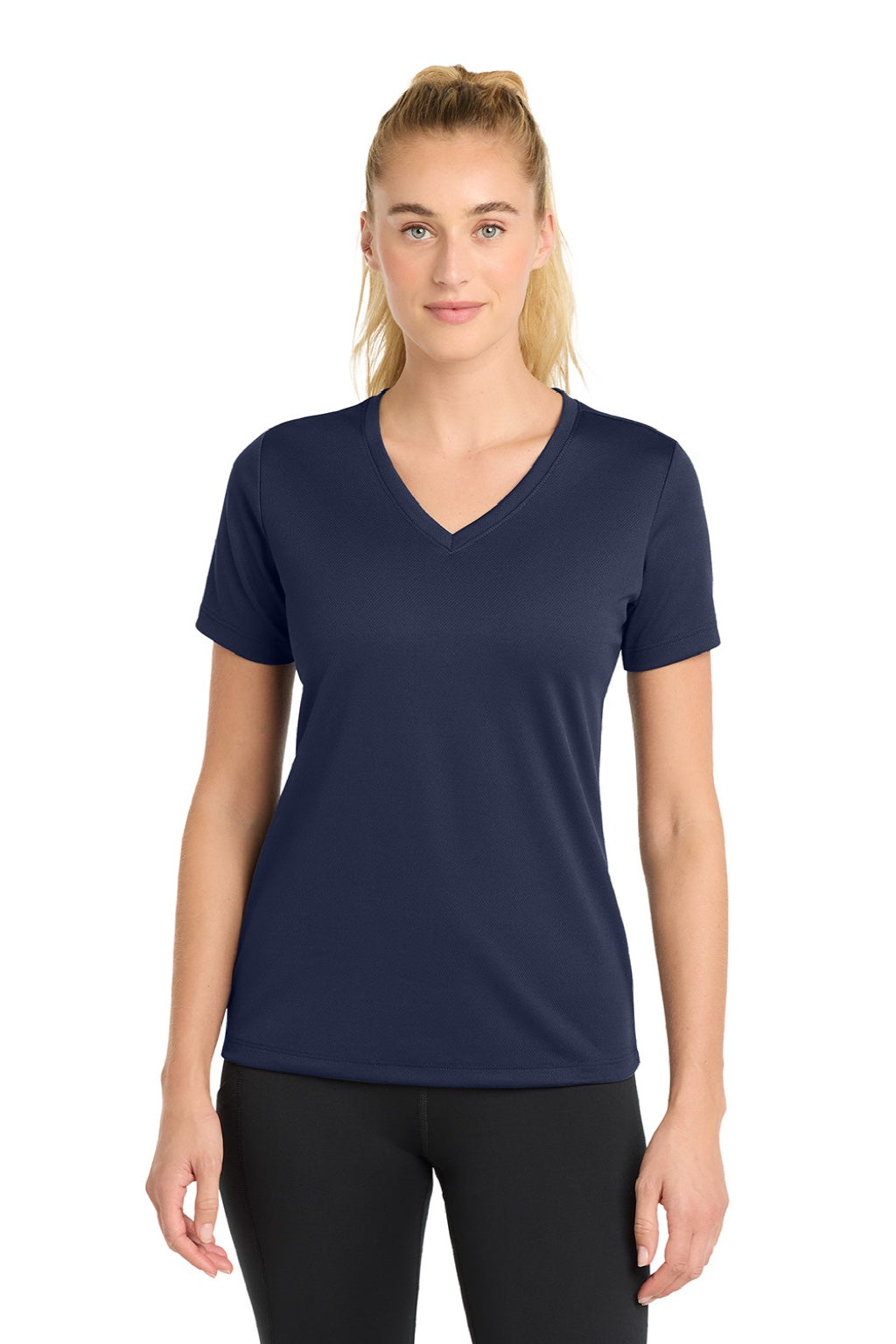 Sport-Tek LST340 Womens RacerMesh Moisture Wicking Short Sleeve V-Neck T-Shirt True Navy Blue Model Front