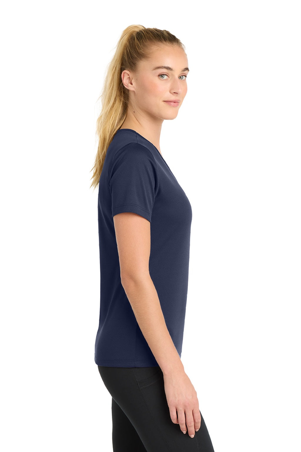 Sport-Tek LST340 Womens RacerMesh Moisture Wicking Short Sleeve V-Neck T-Shirt True Navy Blue Model Side