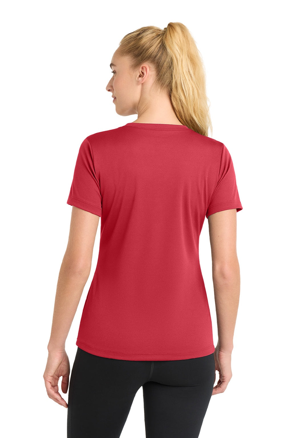 Sport-Tek LST340 Womens RacerMesh Moisture Wicking Short Sleeve V-Neck T-Shirt True Red Model Back