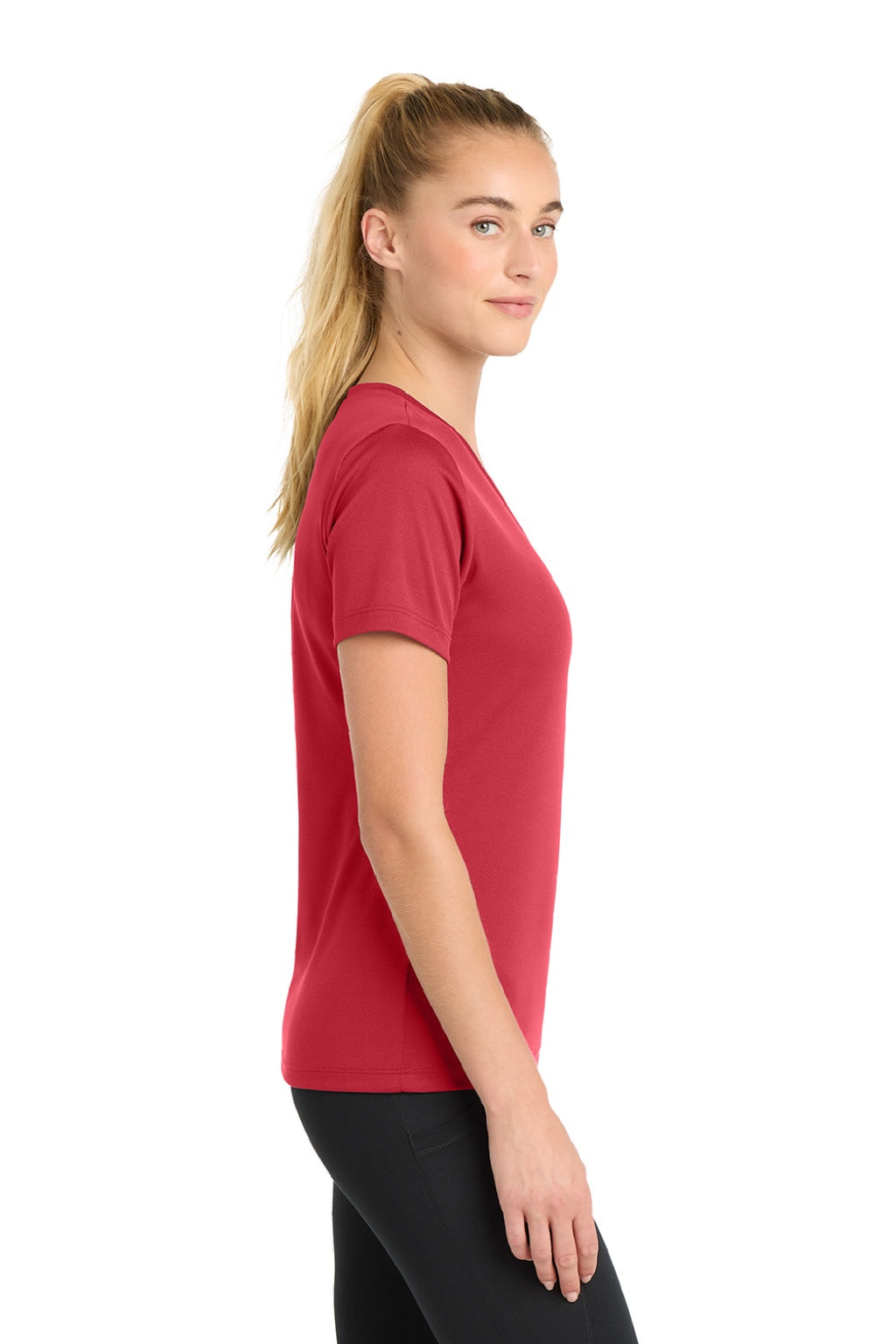 Sport-Tek LST340 Womens RacerMesh Moisture Wicking Short Sleeve V-Neck T-Shirt True Red Model Side