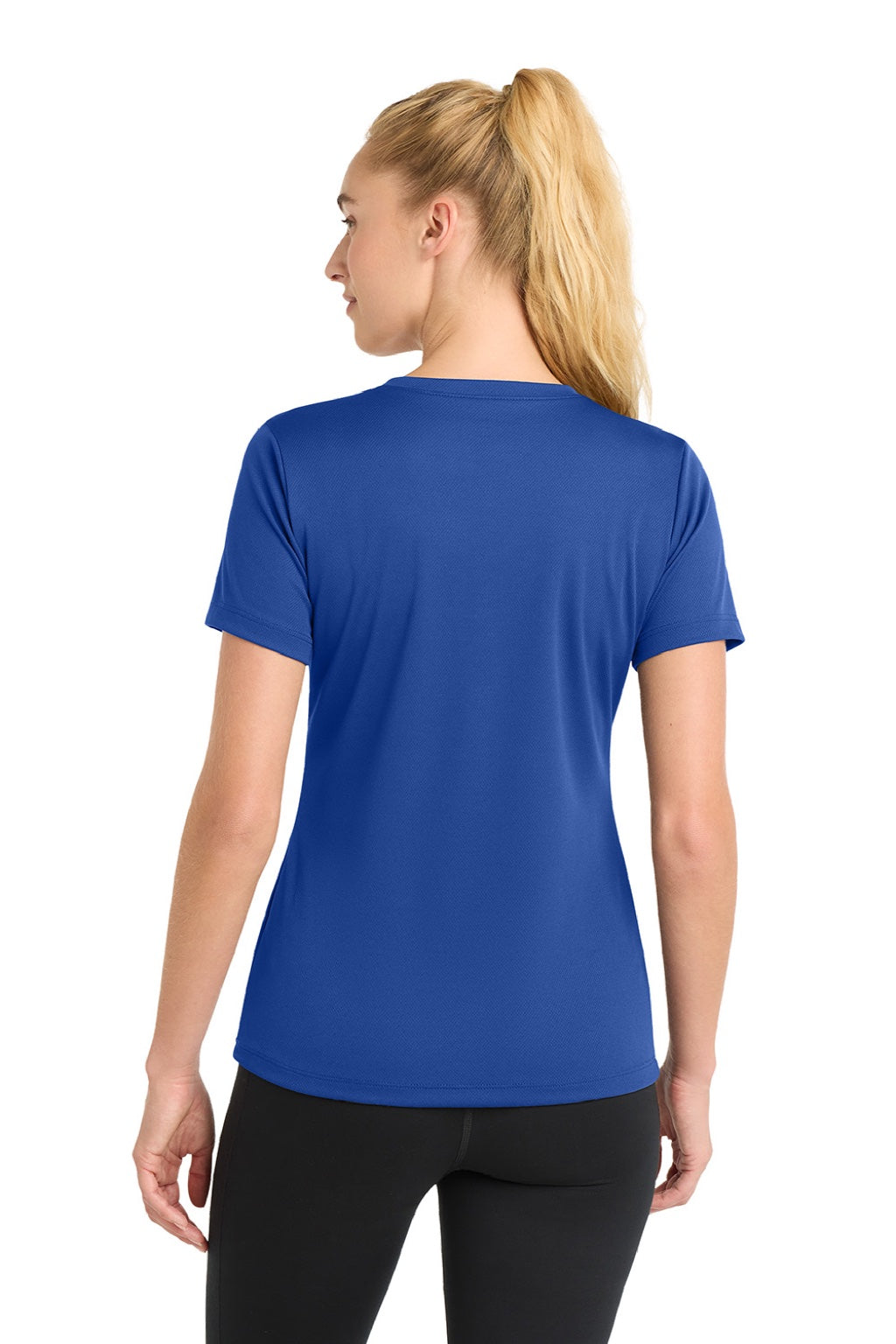 Sport-Tek LST340 Womens RacerMesh Moisture Wicking Short Sleeve V-Neck T-Shirt True Royal Blue Model Back