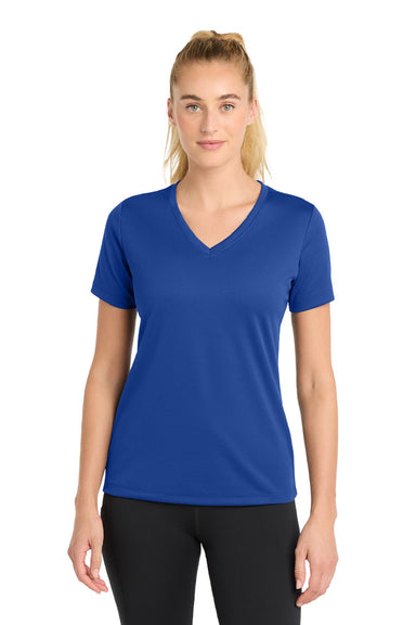 Sport-Tek LST340 Womens RacerMesh Moisture Wicking Short Sleeve V-Neck T-Shirt True Royal Blue Model Front