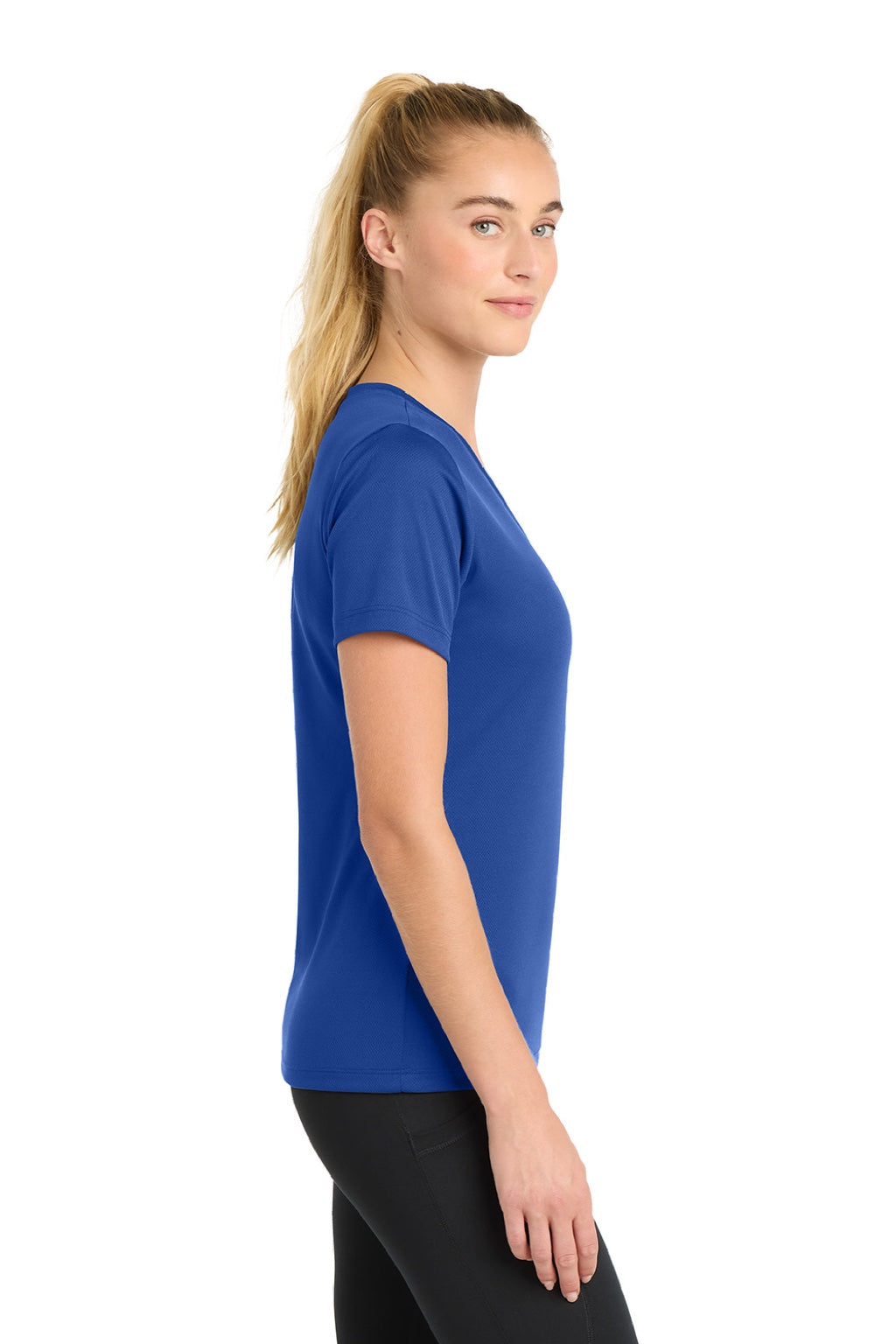 Sport-Tek LST340 Womens RacerMesh Moisture Wicking Short Sleeve V-Neck T-Shirt True Royal Blue Model Side