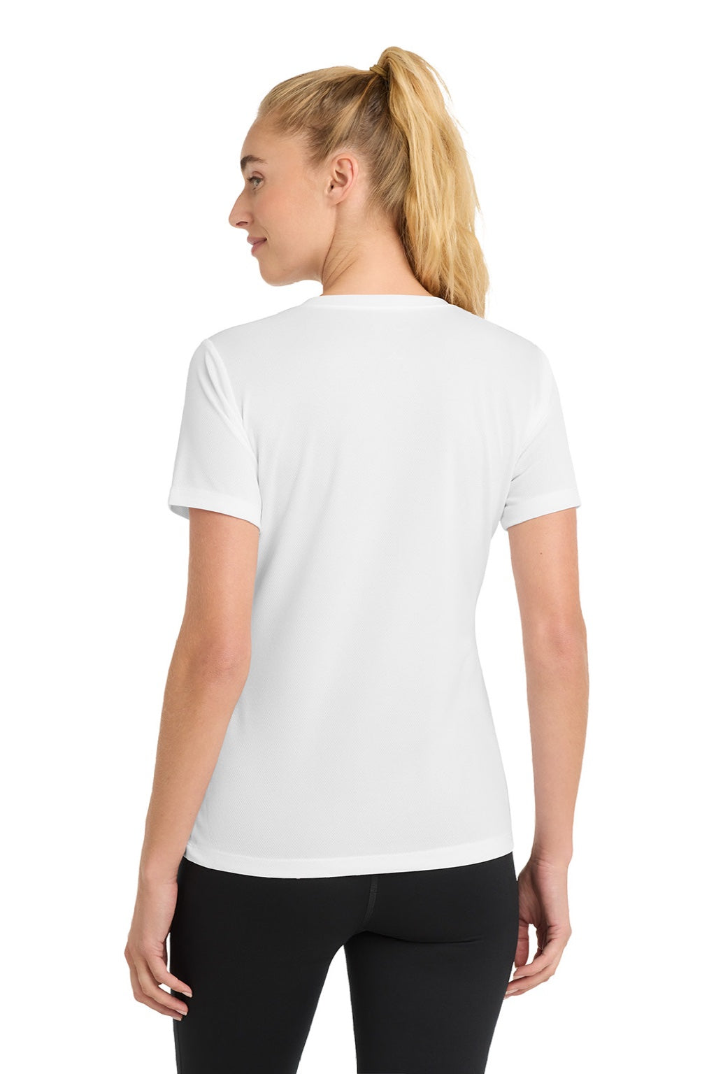Sport-Tek LST340 Womens RacerMesh Moisture Wicking Short Sleeve V-Neck T-Shirt White Model Back