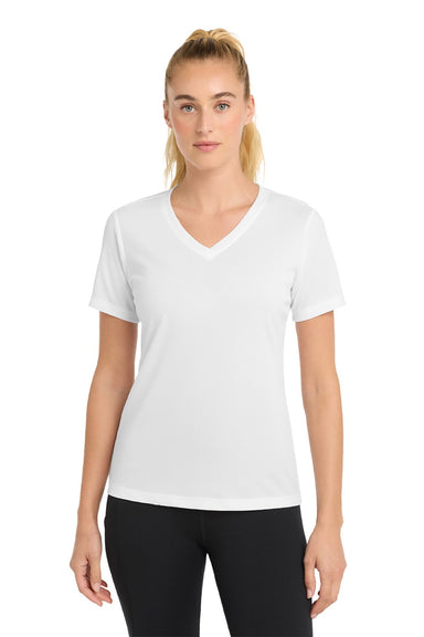 Sport-Tek LST340 Womens RacerMesh Moisture Wicking Short Sleeve V-Neck T-Shirt White Model Front