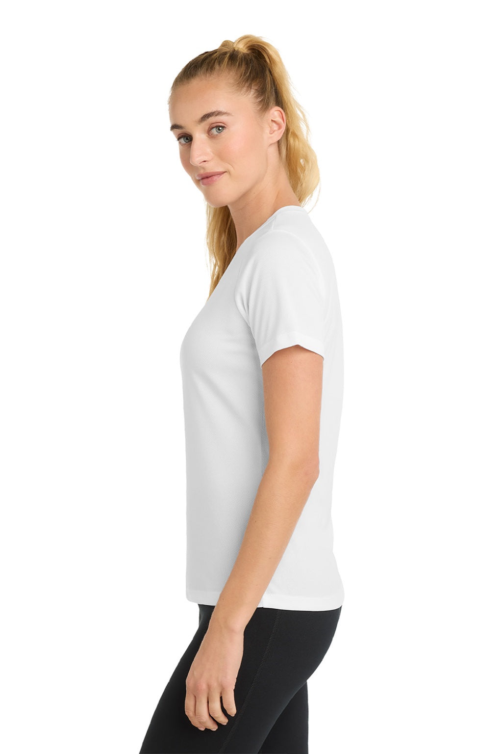 Sport-Tek LST340 Womens RacerMesh Moisture Wicking Short Sleeve V-Neck T-Shirt White Model Side